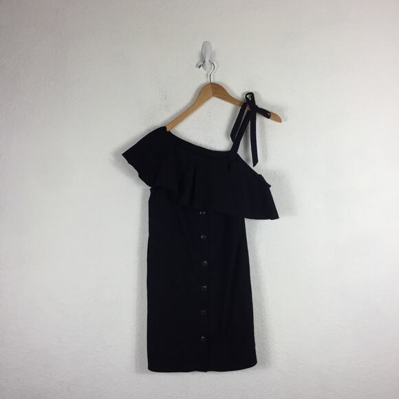 Sea NY Black Ruffle Off Shoulder Mini Dress Small Button Loose Linen Shirtdress - Picture 3 of 14
